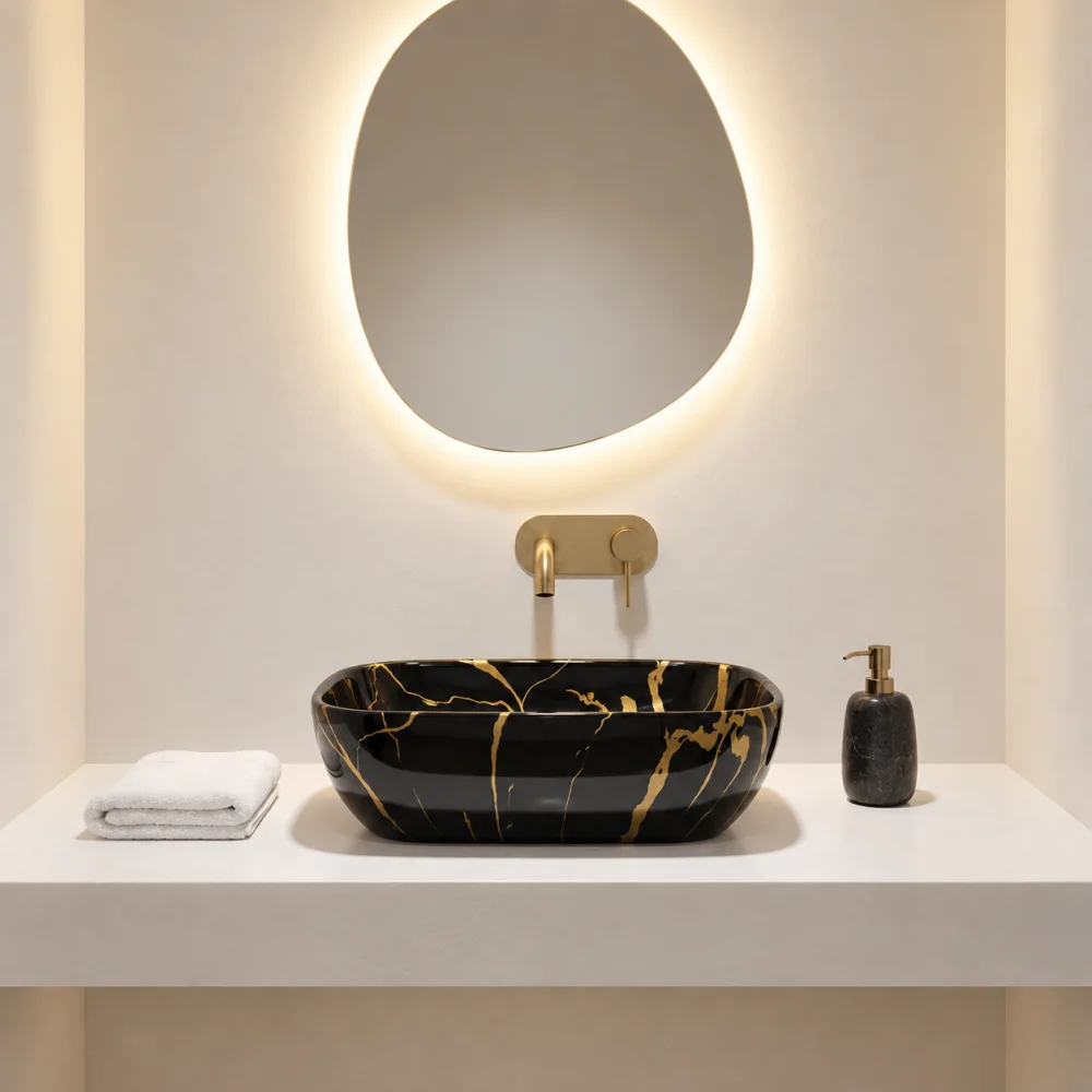 Foxx Sanitaryware Ceramic Premium Wash basin for Home, Hotels (18x13x5)(M-53) (18x13x5) Royal (M53) Table Top Basin (Foxx Midnight Gold)