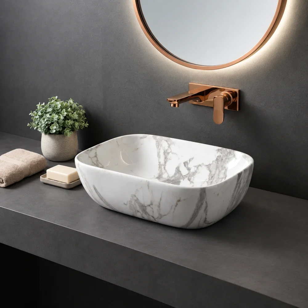 Foxx Sanitaryware Ceramic Premium Designer Wash basin for Home, Hotels (18x13x5)(M-60) (18x13x5) (M-01) Table Top Basin (White & Dark Grey Marble Design)
