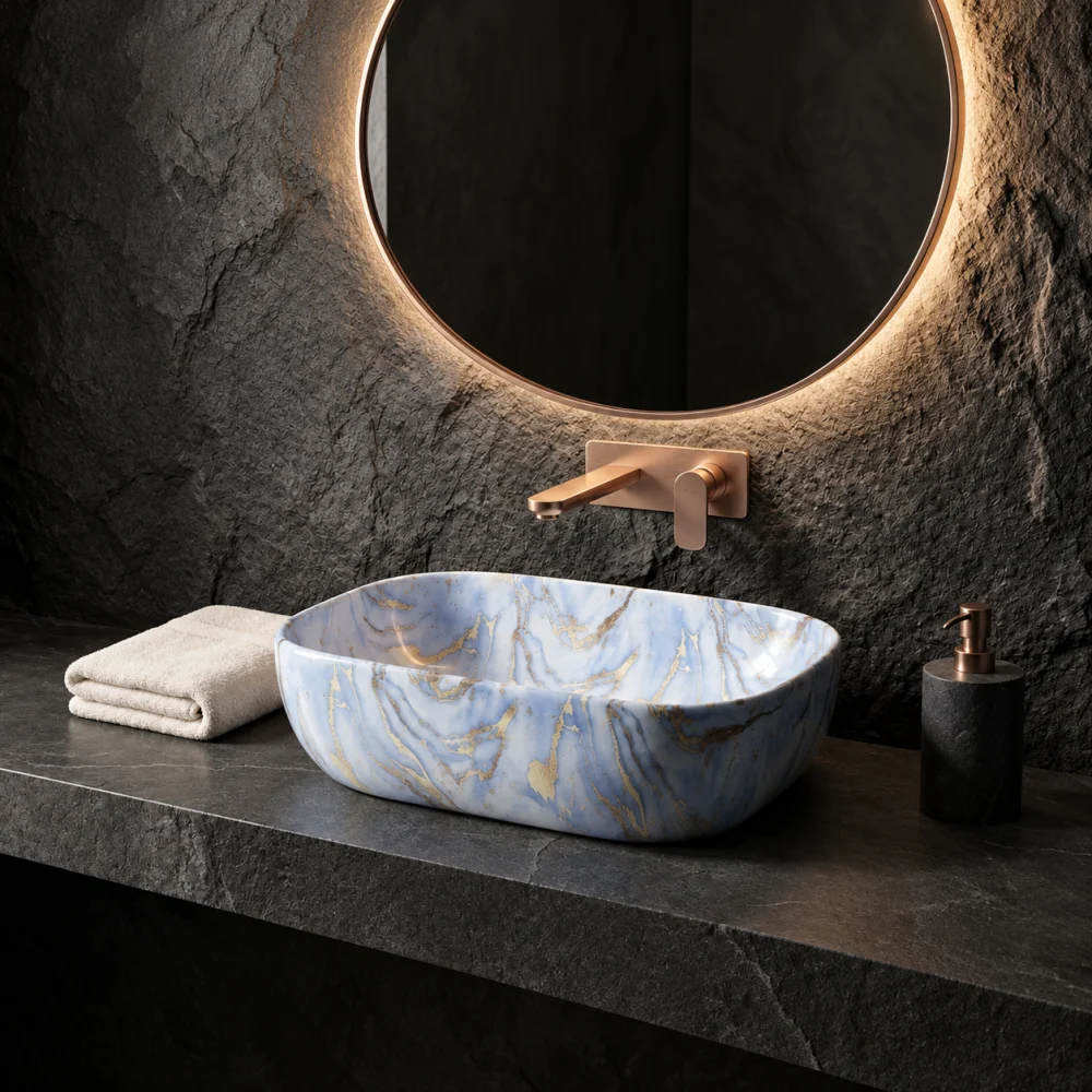 Foxx Sanitaryware Ceramic Premium Designer Wash basin for Home, Hotels (18x13x5)(M-61) (18x13x5) Royal (M61) Table Top Basin (Shining Blue Marble Design)