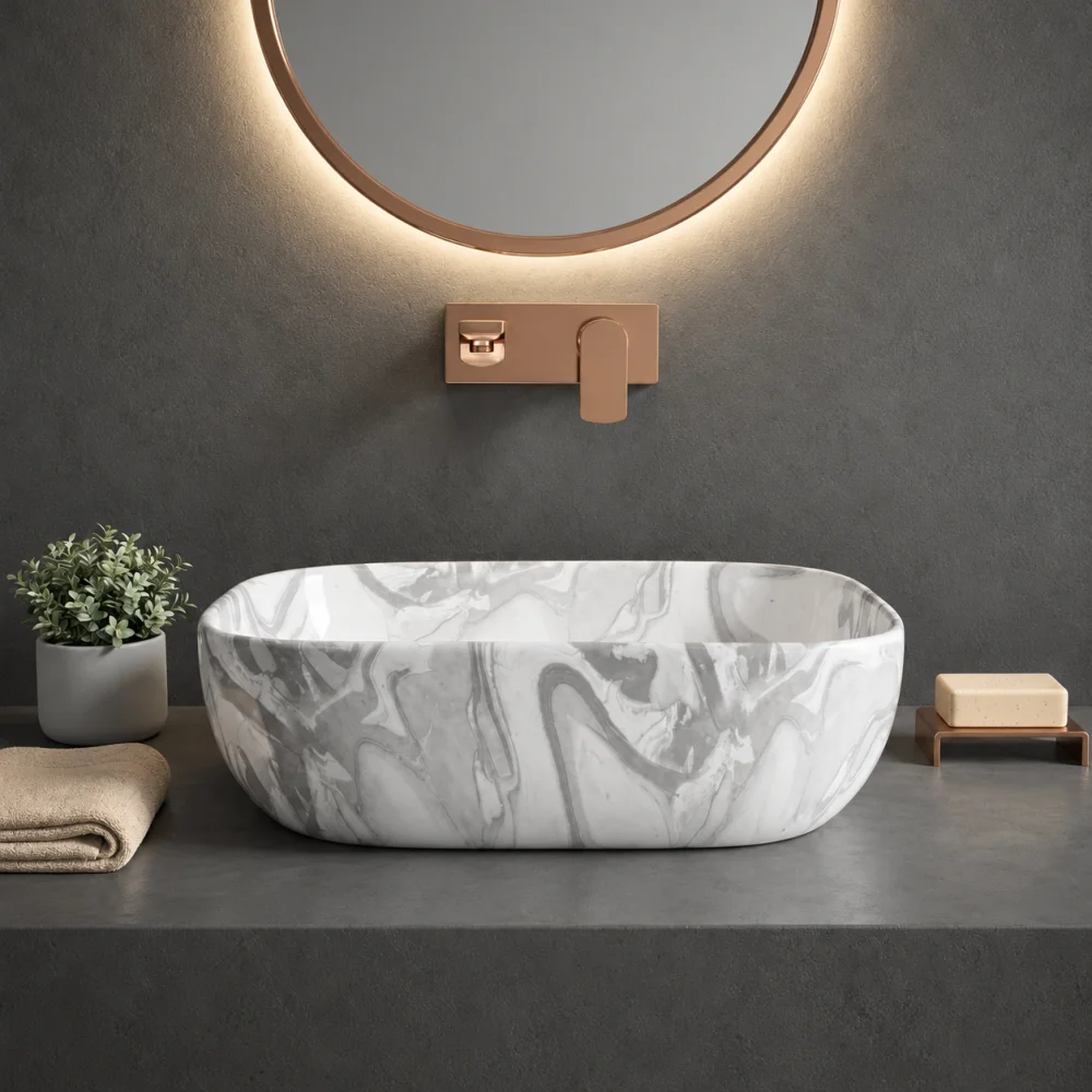 Foxx Sanitaryware Ceramic Premium Designer Wash basin for Home, Hotels (18x13x5)(M-80) BW (18x13x5) (M-80) BW Table Top Basin (Grey & White Design)