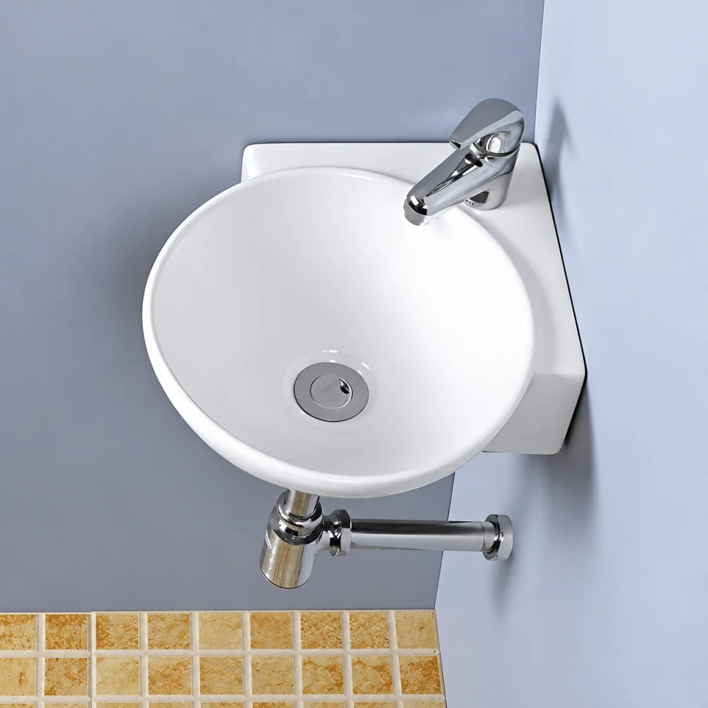 FOXX Ceramic Premium High Gloss White Wash basin for Bathroom, Hotels, Kitchen Round Corner - Diamond White Corner Basin (White)