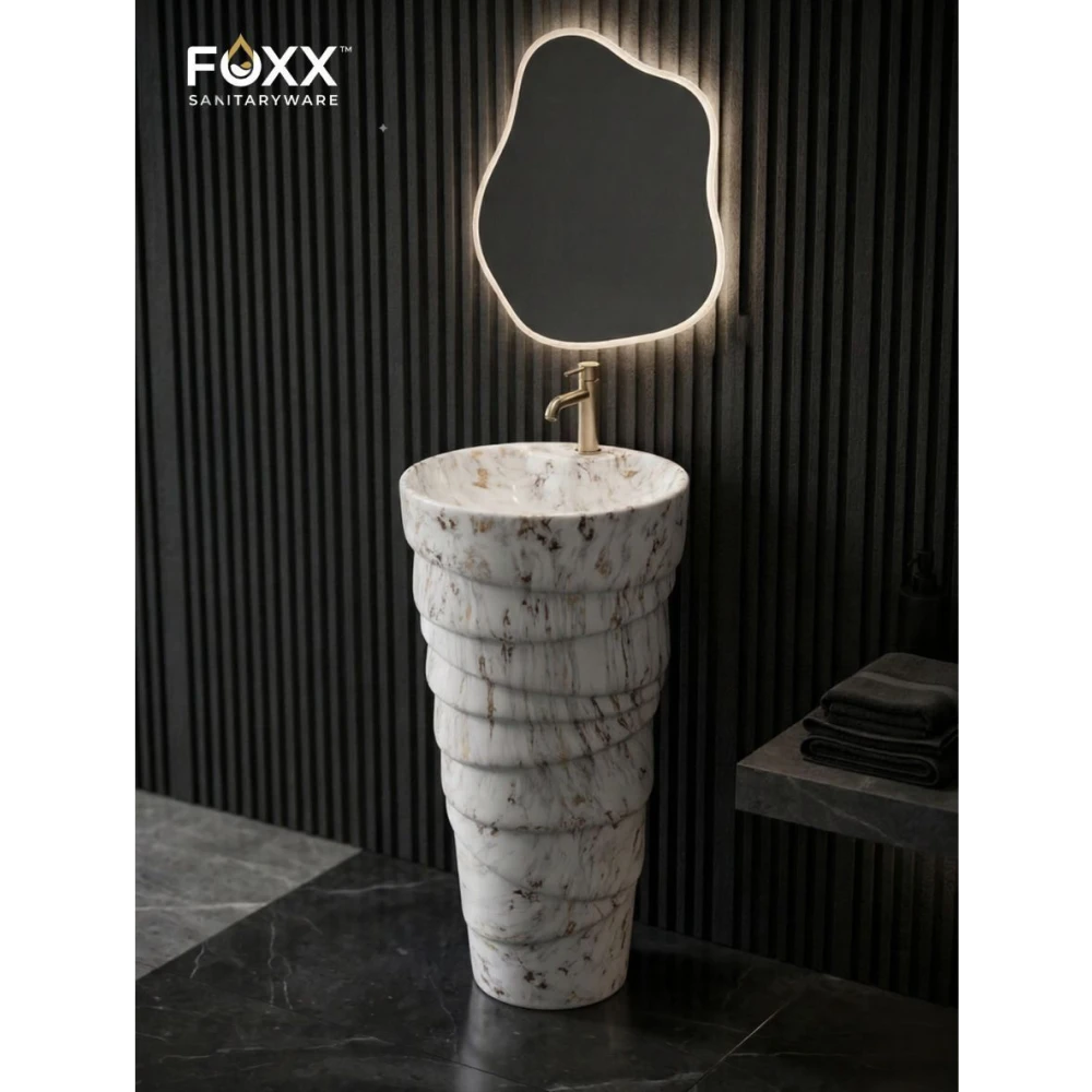 Foxx Sanitaryware Ceramic Premium Designer Pedestal Wash basin for Home, Hotels (M-01) Ice-Cream Cone Pedestal (M-01) Pedestal Basin (White & Golden Marble Design)
