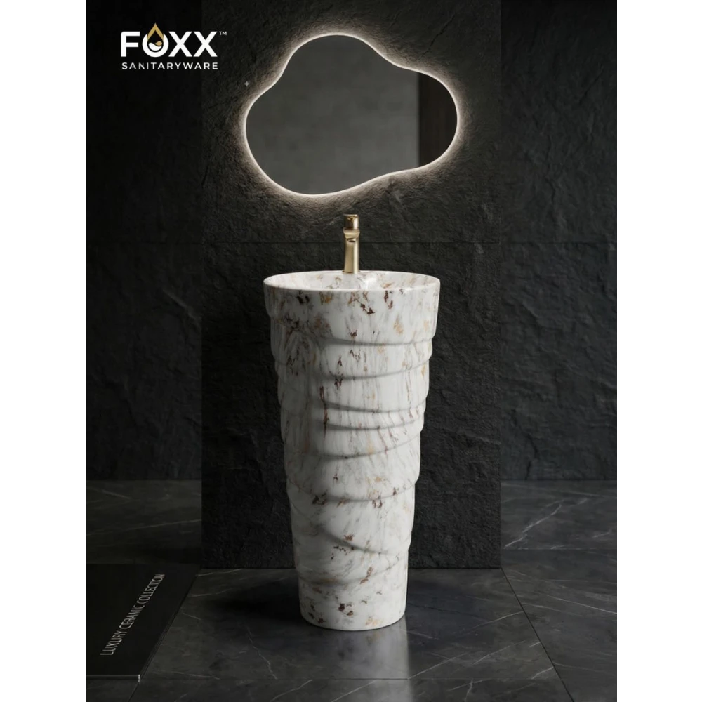 Foxx Sanitaryware Ceramic Premium Designer Pedestal Wash basin for Home, Hotels (M-01) Ice-Cream Cone Pedestal (M-01) Pedestal Basin (White & Golden Marble Design)