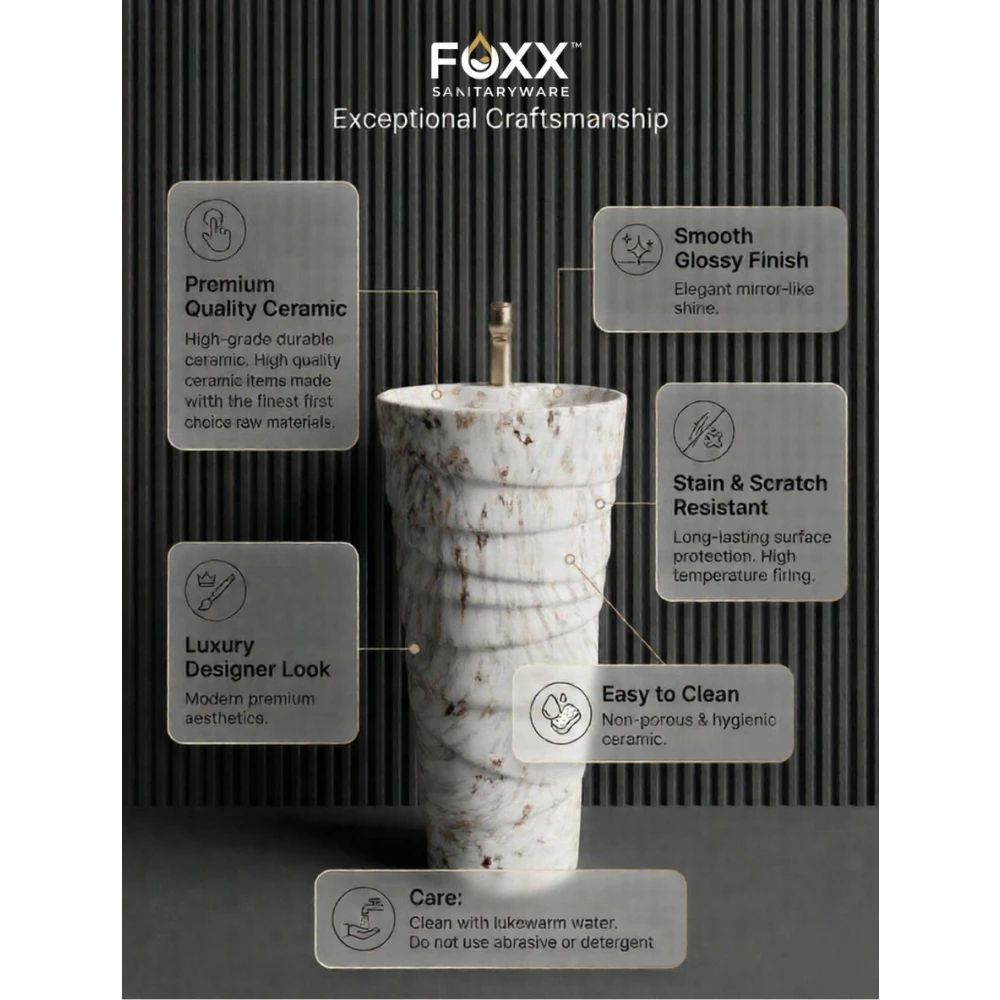 Foxx Sanitaryware Ceramic Premium Designer Pedestal Wash basin for Home, Hotels (M-01) Ice-Cream Cone Pedestal (M-01) Pedestal Basin (White & Golden Marble Design)