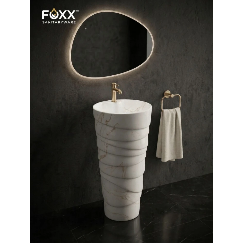 Foxx Sanitaryware Ceramic Premium Designer Pedestal Wash basin for Home, Hotels (M-34 OL) Ice-Cream Cone Pedestal (M-34 OL) Pedestal Basin (White & Light Brown Marble Design)
