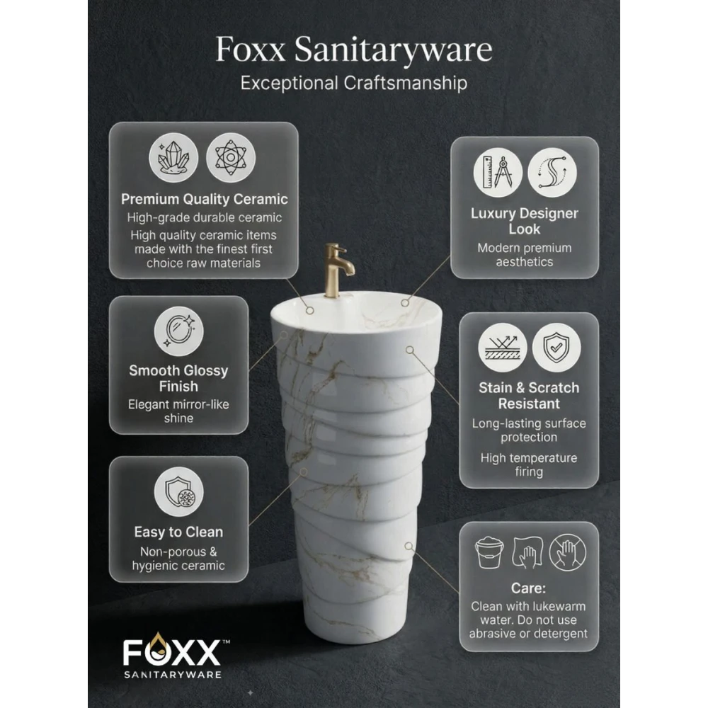 Foxx Sanitaryware Ceramic Premium Designer Pedestal Wash basin for Home, Hotels (M-34 OL) Ice-Cream Cone Pedestal (M-34 OL) Pedestal Basin (White & Light Brown Marble Design)