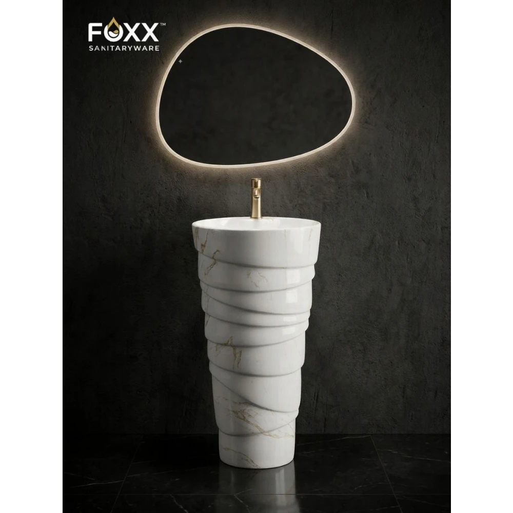 Foxx Sanitaryware Ceramic Premium Designer Pedestal Wash basin for Home, Hotels (M-34 OL) Ice-Cream Cone Pedestal (M-34 OL) Pedestal Basin (White & Light Brown Marble Design)