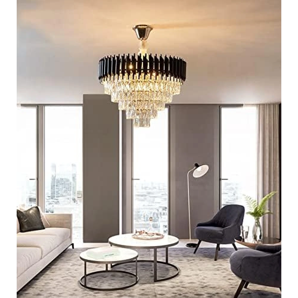 Tryka® Modern Crystal Chandelier with Black Metal Frame, 3-Tier Luxury Pendant Light Fixture for Living Room 600MM-24 Inches...