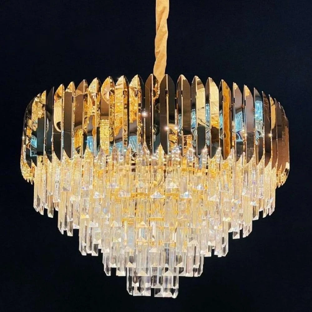 Tryka® Luxury Crystal Chandelier, 3-Tier Modern Design, Gold and Clear Glass, Living Room Ceiling Light 600MM-24 Inches...