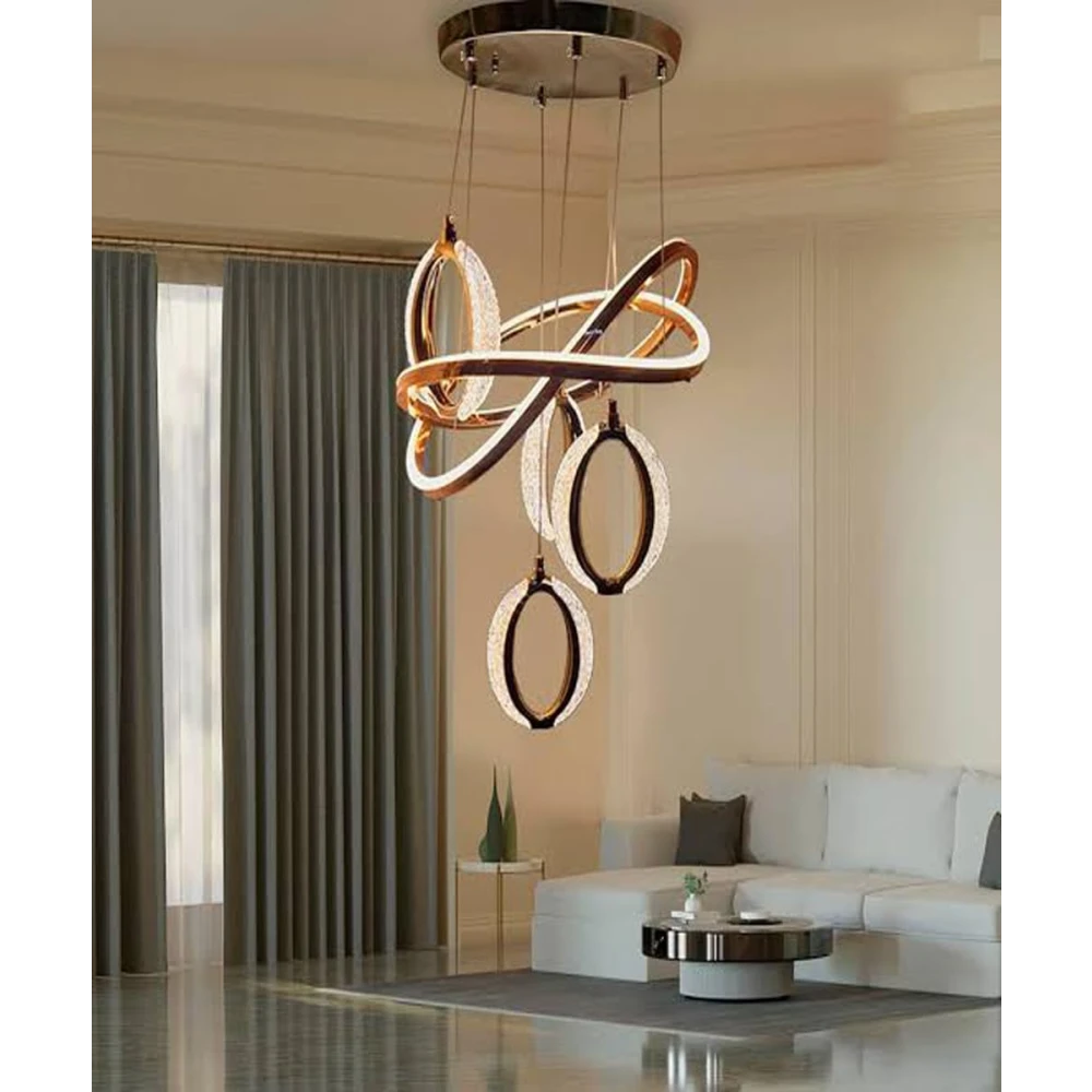 Tryka® Modern LED Hanging with Rings, Infinity Design, Gold and White, Pendant Ceiling Light for Living Room.