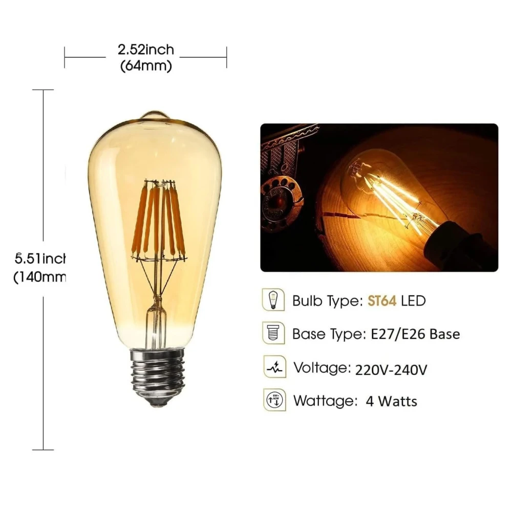 Tryka® Vintage LED Edison Bulb, E27 Base, 4W, 5.3 x 2.5 Inches, Amber Glass