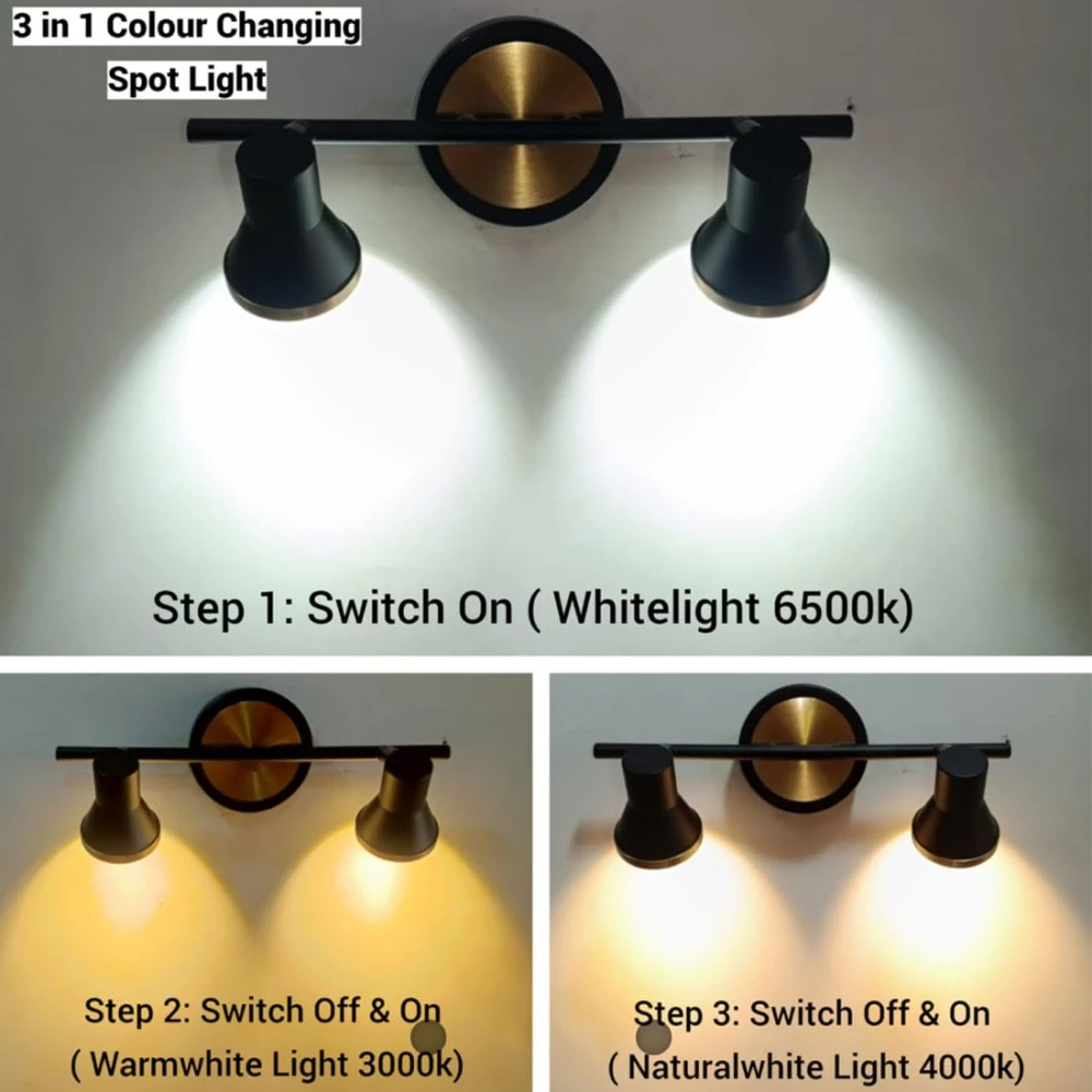 Tryka® Modern Wall Light with 2 Adjustable Spotlights, 30 cm, 3-in-1 Colour Changing, Black and Gold Pack of 1.