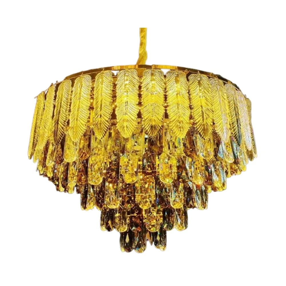 Tryka® Luxury Crystal Chandelier with Feather Design, 3-Tier Pendant Light Fixture, Gold 600MM - 24 Inches.