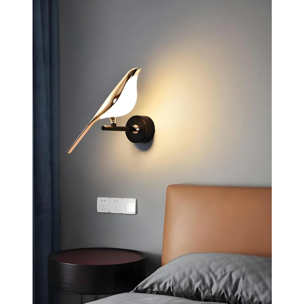 Tryka® Modern Bird Wall Sconce Light, 33 cm Gold Metal, Black Base, LED Wall Lamp