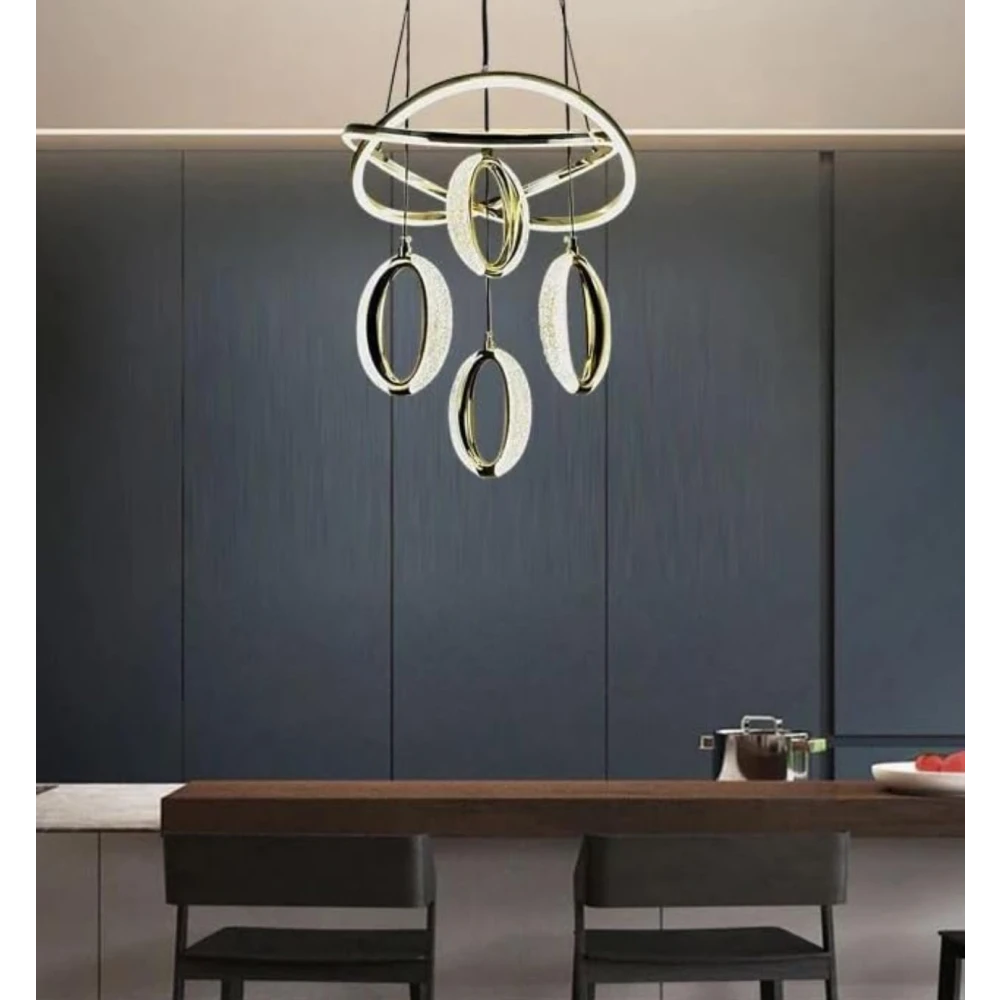 Tryka® Modern LED Hanging with Rings, Infinity Design, Gold and White, Pendant Ceiling Light for Living Room.