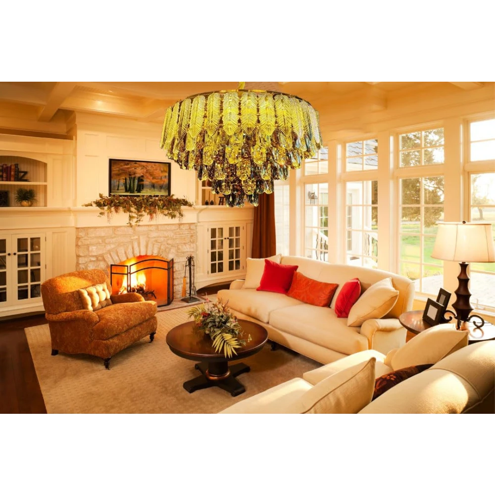Tryka® Luxury Crystal Chandelier with Feather Design, 3-Tier Pendant Light Fixture, Gold 600MM - 24 Inches.
