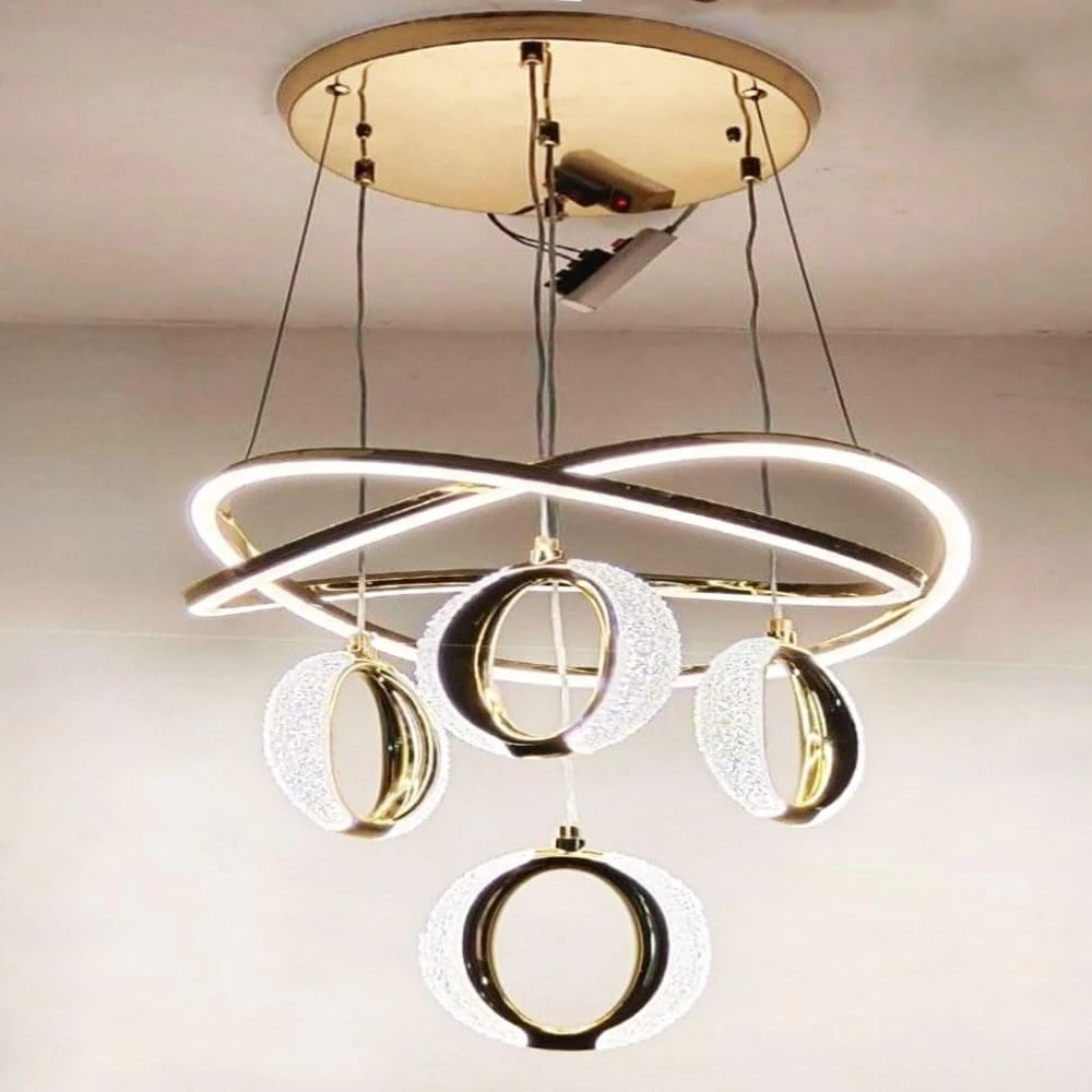 Tryka® Modern LED Hanging with Rings, Infinity Design, Gold and White, Pendant Ceiling Light for Living Room.