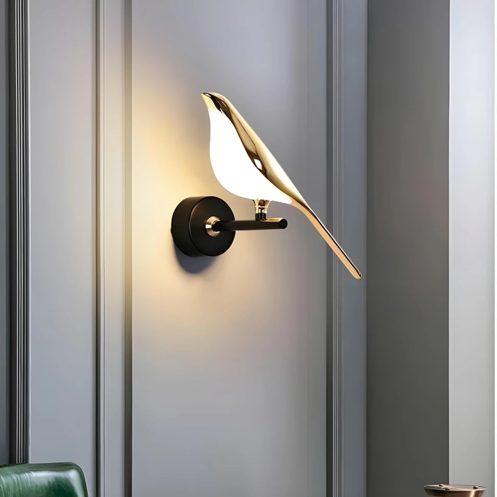Tryka® Modern Bird Wall Sconce Light, 33 cm Gold Metal, Black Base, LED Wall Lamp