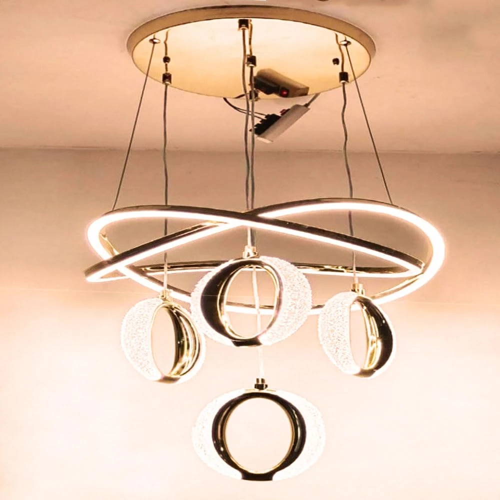 Tryka® Modern LED Hanging with Rings, Infinity Design, Gold and White, Pendant Ceiling Light for Living Room.