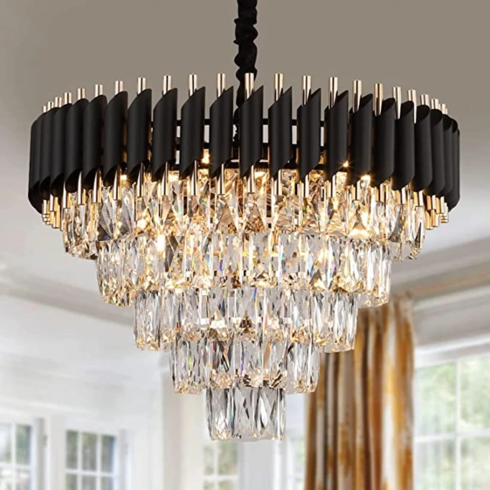 Tryka® Modern Crystal Chandelier with Black Metal Frame, 3-Tier Luxury Pendant Light Fixture for Living Room 600MM-24 Inches...