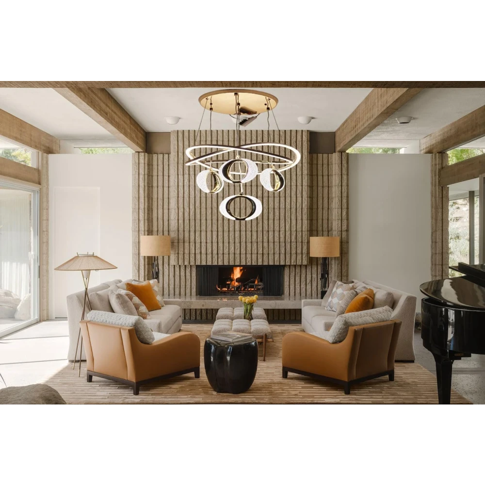 Tryka® Modern LED Hanging with Rings, Infinity Design, Gold and White, Pendant Ceiling Light for Living Room.
