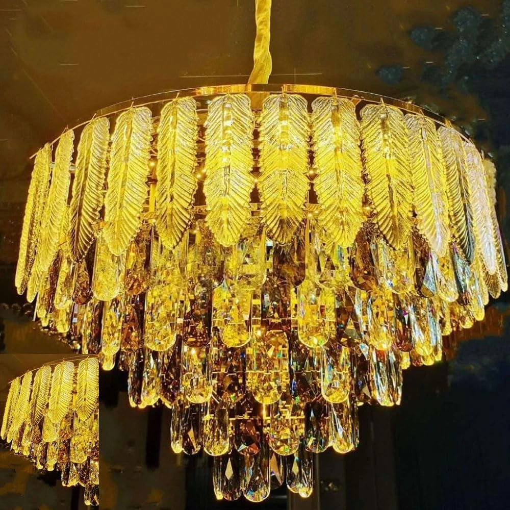 Tryka® Luxury Crystal Chandelier with Feather Design, 3-Tier Pendant Light Fixture, Gold 600MM - 24 Inches.