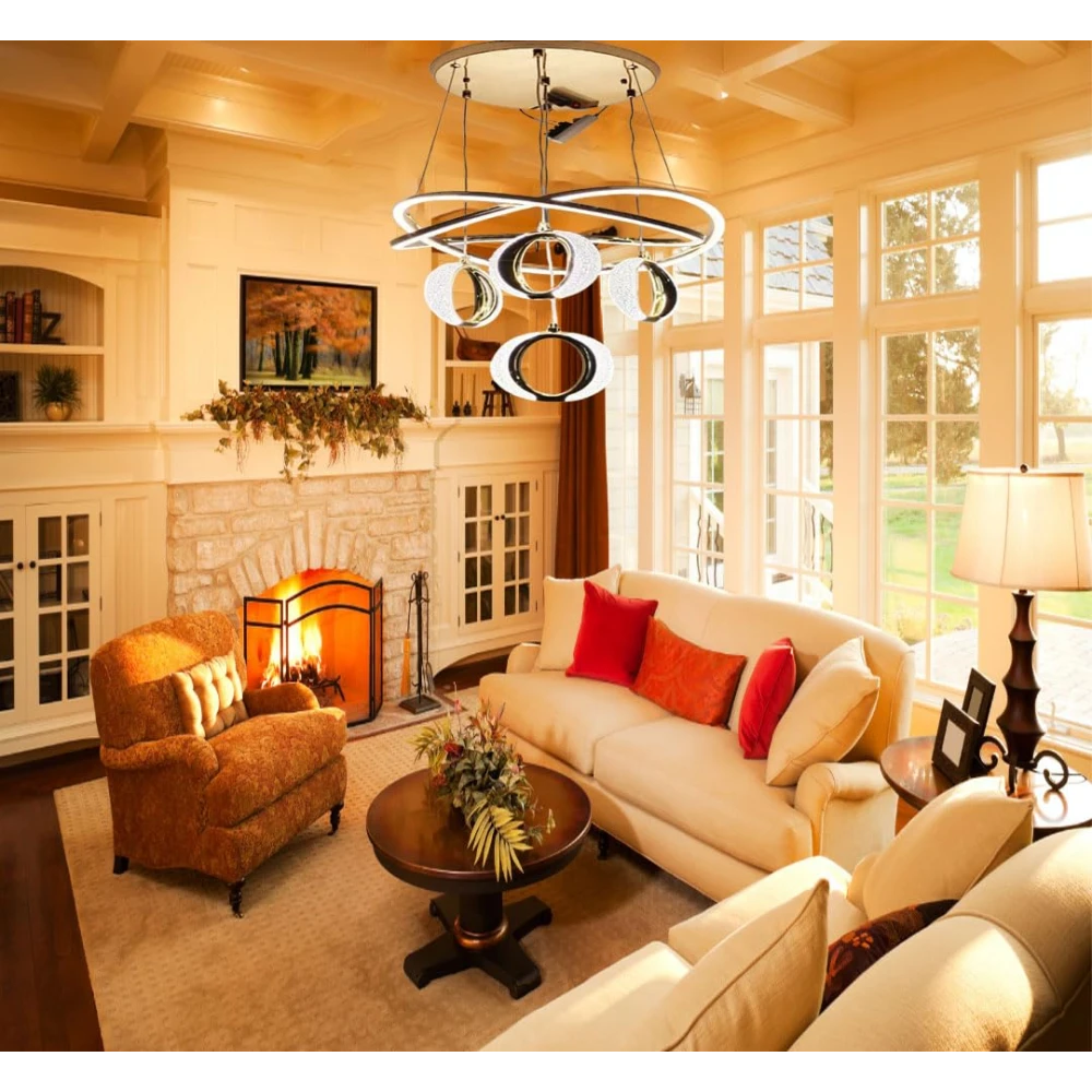 Tryka® Modern LED Hanging with Rings, Infinity Design, Gold and White, Pendant Ceiling Light for Living Room.