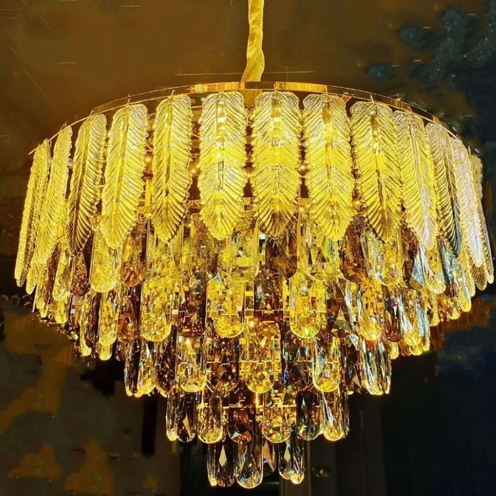 Tryka® Luxury Crystal Chandelier with Feather Design, 3-Tier Pendant Light Fixture, Gold 600MM - 24 Inches.