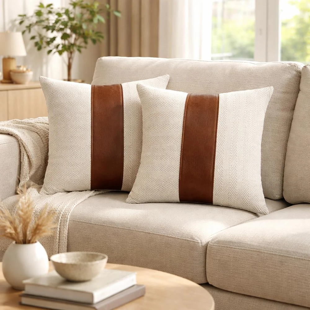 KOSTORICA, Herringbone Chevron Stripe Boho Faux Leather Woven Cushion Covers for Bedroom, Living Room, Home Décor, Office, Sofa, Chair & Couch (Beige & Tan Brown_Pack of 2 Pcs_16x16 Inches)