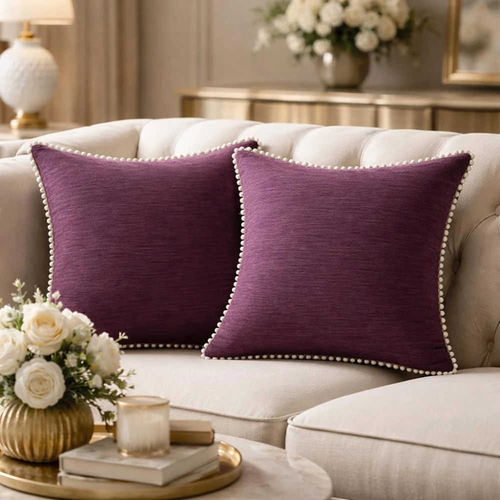 KOSTORICA, Chenille Bohemian Woven Border Lace Pom Pom Cushion Covers for Bedroom, Living Room, Home Décor, Office, Sofa, Chair & Couch (Purple Plum Pink_Pack of 2 Pcs_16x16 Inches)