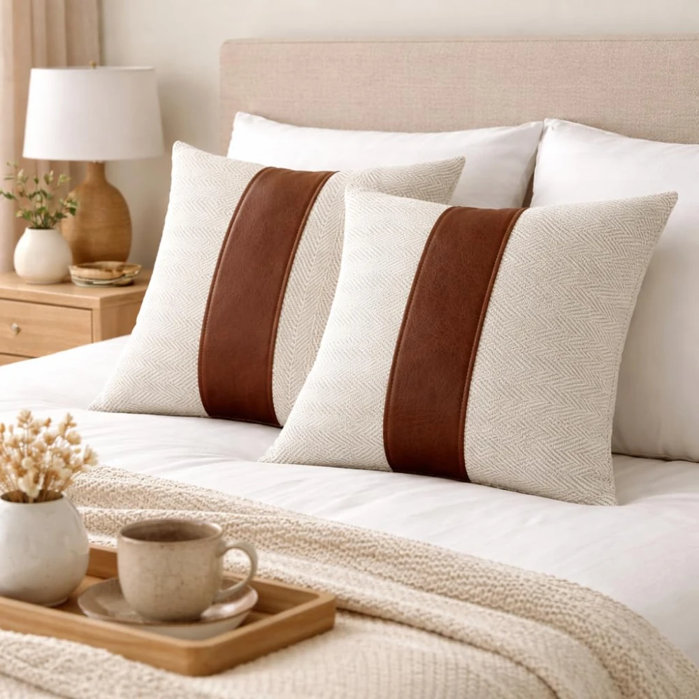 KOSTORICA, Herringbone Chevron Stripe Boho Faux Leather Woven Cushion Covers for Bedroom, Living Room, Home Décor, Office, Sofa, Chair & Couch (Beige & Tan Brown_Pack of 2 Pcs_16x16 Inches)