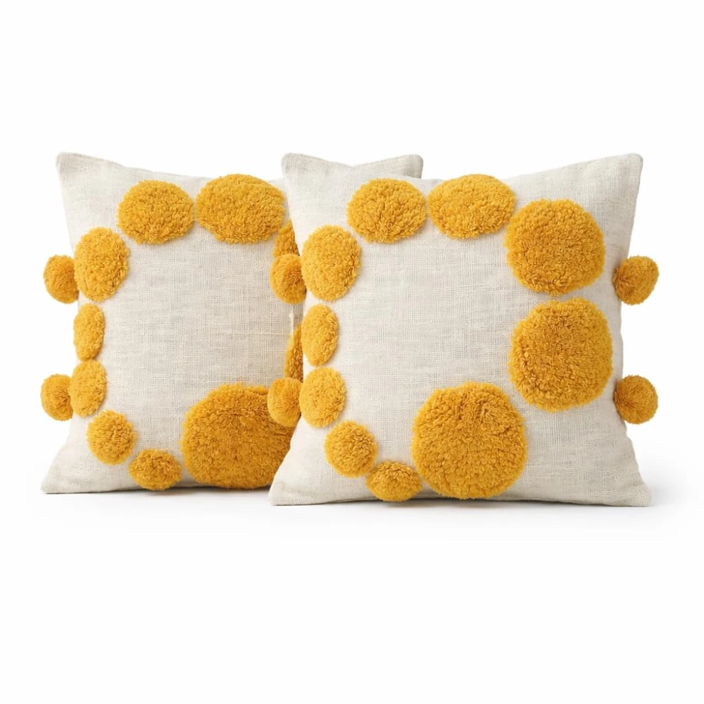 KOSTORICA, Polka Dot Circle Tufted Bohemian Woven Cushion Covers for Bedroom, Living Room, Home Décor, Office, Sofa, Chair & Couch (Mustard Yellow_Pack of 2 Pcs_16x16 Inches)