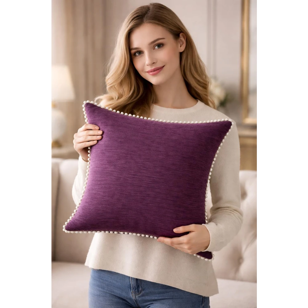 KOSTORICA, Chenille Bohemian Woven Border Lace Pom Pom Cushion Covers for Bedroom, Living Room, Home Décor, Office, Sofa, Chair & Couch (Purple Plum Pink_Pack of 2 Pcs_16x16 Inches)