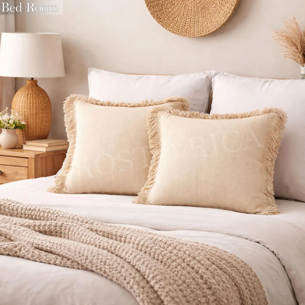 KOSTORICA, Herringbone Chevron Stripe Bohemian Woven Fringes Texture Cushion Covers for Bedroom, Living Room, Home Décor, Office, Chair, Sofa & Couch (Tan Beige_Pack of 2 Pcs_16x16 Inches)