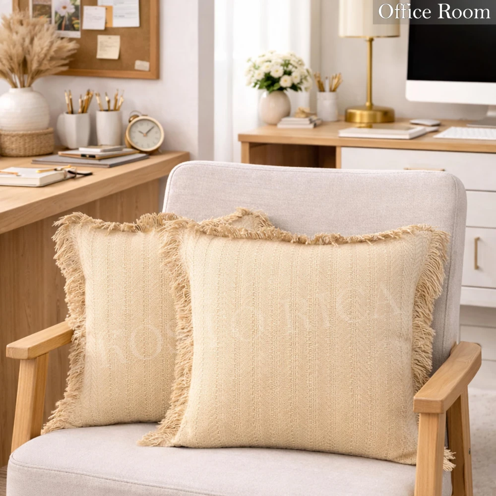 KOSTORICA, Herringbone Chevron Stripe Bohemian Woven Fringes Texture Cushion Covers for Bedroom, Living Room, Home Décor, Office, Chair, Sofa & Couch (Tan Beige_Pack of 2 Pcs_16x16 Inches)
