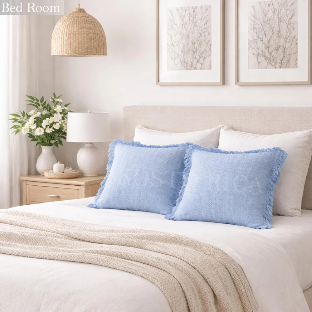 KOSTORICA, Herringbone Chevron Stripe Bohemian Woven Fringes Texture Cushion Covers for Bedroom, Living Room, Home Décor, Office, Chair, Sofa & Couch (Sky Blue_Pack of 2 Pcs_16x16 Inches)