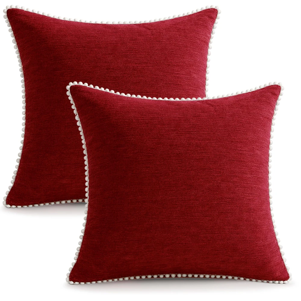 KOSTORICA, Chenille Bohemian Woven Border Lace Pom Pom Cushion Covers for Bedroom, Living Room, Home Décor, Office, Sofa, Chair & Couch (Burgundy Red_Pack of 2 Pcs_16x16 Inches)
