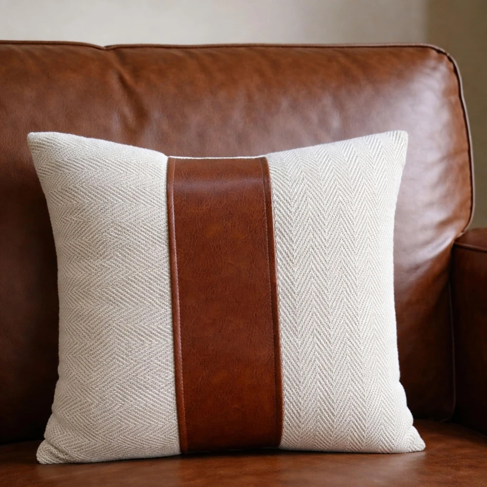KOSTORICA, Herringbone Chevron Stripe Boho Faux Leather Woven Cushion Covers for Bedroom, Living Room, Home Décor, Office, Sofa, Chair & Couch (Beige & Tan Brown_Pack of 2 Pcs_16x16 Inches)