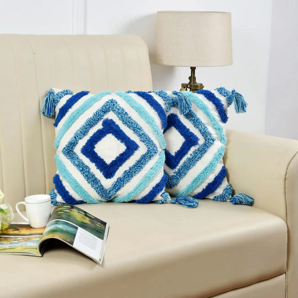 KOSTORICA, Diamond Tufted Bohemian Woven Cushion Covers for Bedroom, Living Room, Home Décor, Office, Sofa, Chair & Couch (Navy-Aqua Blue_Pack of 2 Pcs_16x16 Inches)