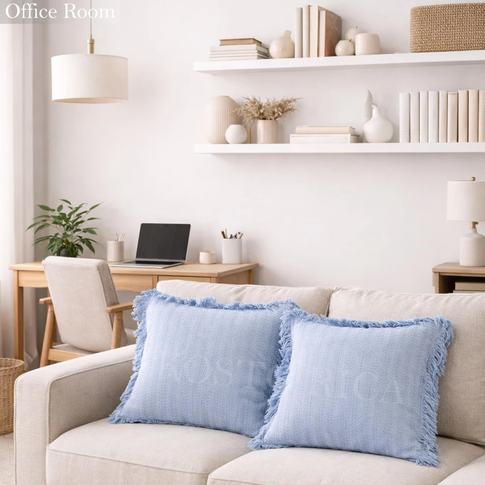 KOSTORICA, Herringbone Chevron Stripe Bohemian Woven Fringes Texture Cushion Covers for Bedroom, Living Room, Home Décor, Office, Chair, Sofa & Couch (Sky Blue_Pack of 2 Pcs_16x16 Inches)
