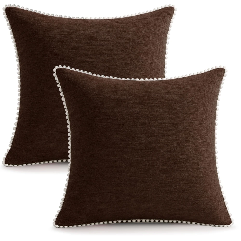 KOSTORICA, Chenille Bohemian Woven Border Lace Pom Pom Cushion Covers for Bedroom, Living Room, Home Décor, Office, Sofa, Chair & Couch (Dark Brown_Pack of 2 Pcs_16x16 Inches)