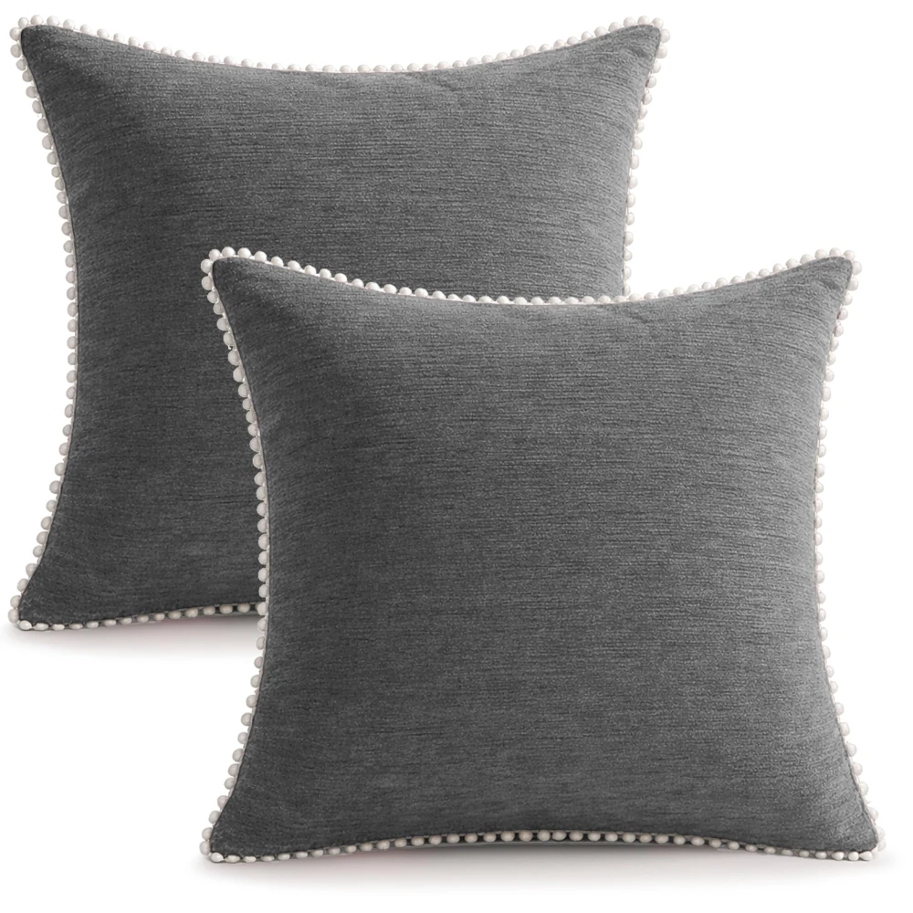 KOSTORICA, Chenille Bohemian Woven Border Lace Pom Pom Cushion Covers for Bedroom, Living Room, Home Décor, Office, Sofa, Chair & Couch (Grey_Pack of 2 Pcs_16x16 Inches)