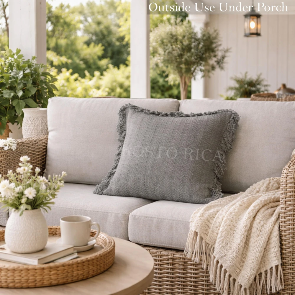 KOSTORICA, Herringbone Chevron Stripe Bohemian Woven Fringes Texture Cushion Covers for Bedroom, Living Room, Home Décor, Office, Chair, Sofa & Couch (Grey_Pack of 2 Pcs_16x16 Inches)