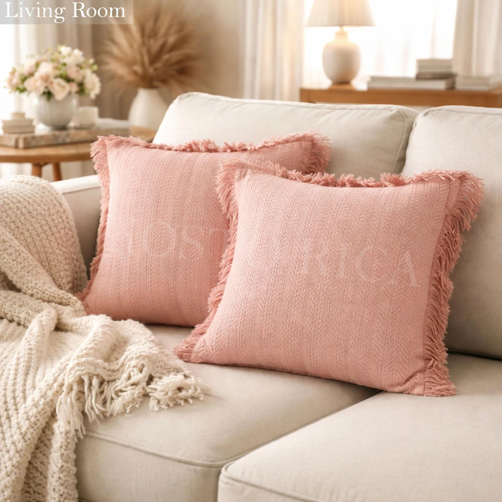 KOSTORICA, Herringbone Chevron Stripe Bohemian Woven Fringes Texture Cushion Covers for Bedroom, Living Room, Home Décor, Office, Chair, Sofa & Couch (Pink_Pack of 2 Pcs_16x16 Inches)