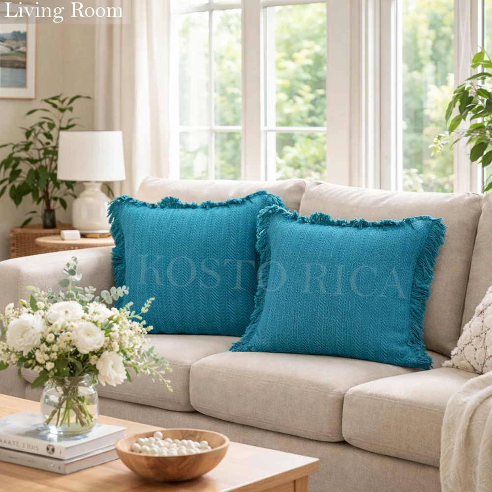 KOSTORICA, Herringbone Chevron Stripe Bohemian Woven Fringes Texture Cushion Covers for Bedroom, Living Room, Home Décor, Office, Chair, Sofa & Couch (Teal or Ferozi Blue_Pack of 2 Pcs_16x16 Inches)