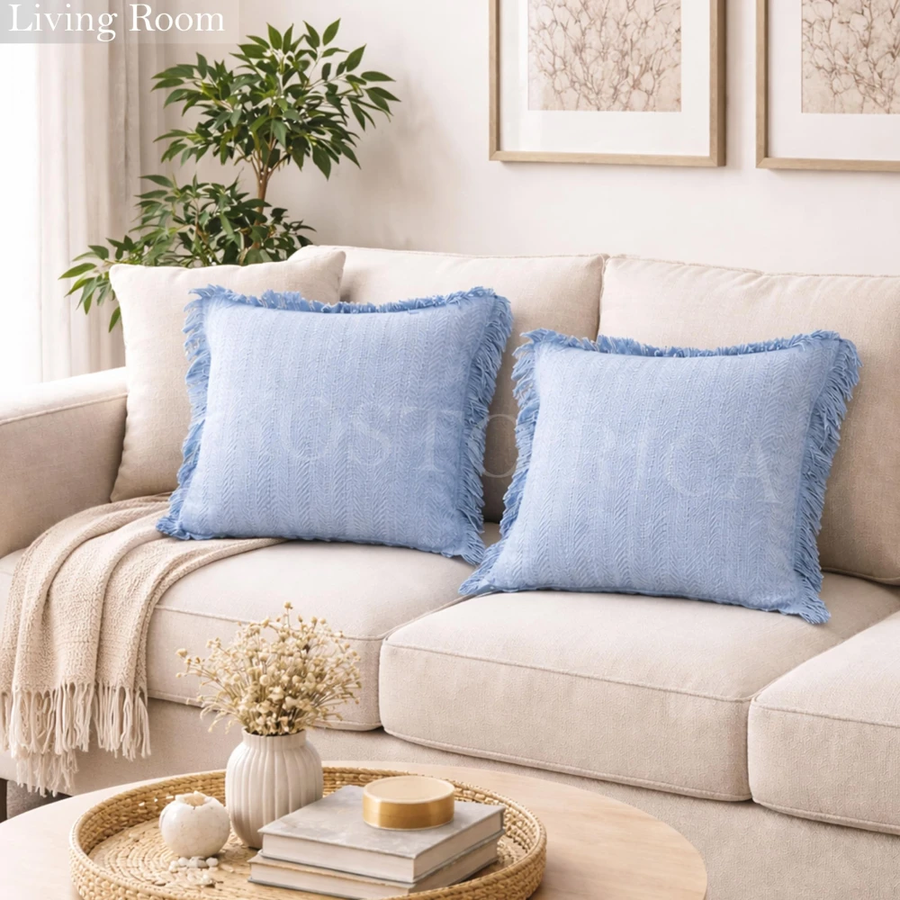 KOSTORICA, Herringbone Chevron Stripe Bohemian Woven Fringes Texture Cushion Covers for Bedroom, Living Room, Home Décor, Office, Chair, Sofa & Couch (Sky Blue_Pack of 2 Pcs_16x16 Inches)