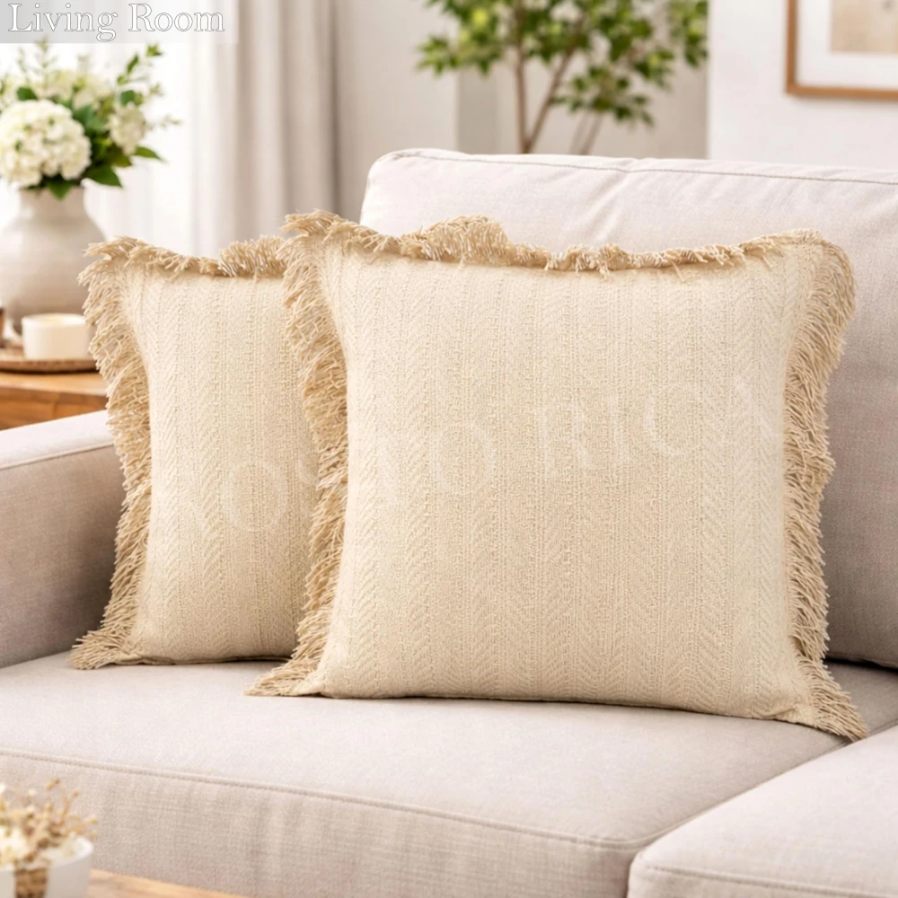 KOSTORICA, Herringbone Chevron Stripe Bohemian Woven Fringes Texture Cushion Covers for Bedroom, Living Room, Home Décor, Office, Chair, Sofa & Couch (Tan Beige_Pack of 2 Pcs_16x16 Inches)