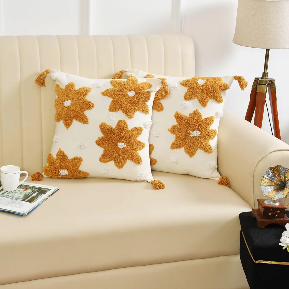 KOSTORICA, Flower Tufted Bohemian Woven Cushion Covers for Bedroom, Living Room, Home Décor, Office, Sofa, Chair & Couch (Mustard Yellow_Pack of 2 Pcs_16x16 Inches)