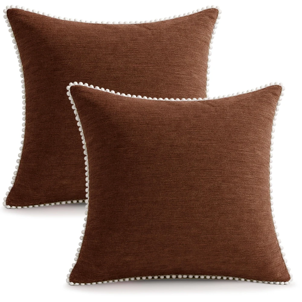 KOSTORICA, Chenille Bohemian Woven Border Lace Pom Pom Cushion Covers for Bedroom, Living Room, Home Décor, Office, Sofa, Chair & Couch (Light Brown_Pack of 2 Pcs_16x16 Inches)