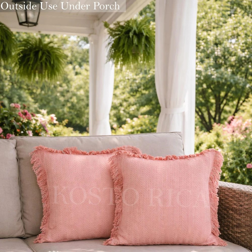 KOSTORICA, Herringbone Chevron Stripe Bohemian Woven Fringes Texture Cushion Covers for Bedroom, Living Room, Home Décor, Office, Chair, Sofa & Couch (Pink_Pack of 2 Pcs_16x16 Inches)